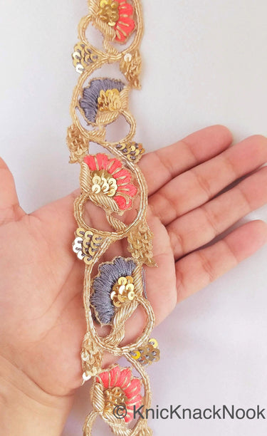 Hand Embroidered Lace Trim In Grey and Orange Floral Embroidery, Gold Sequins and Antique Gold Zardozi, Wedding